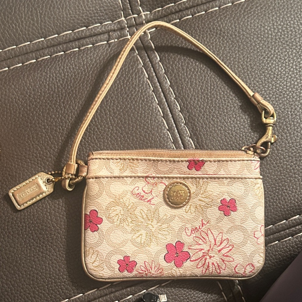 Coach Beige and Red Floral Wristlet